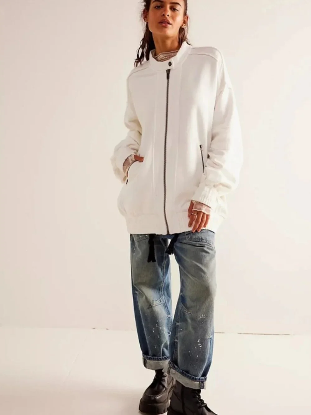Free People Lou Moto Zip Jacket Dropped Shoulders Long Sleeve White XL
